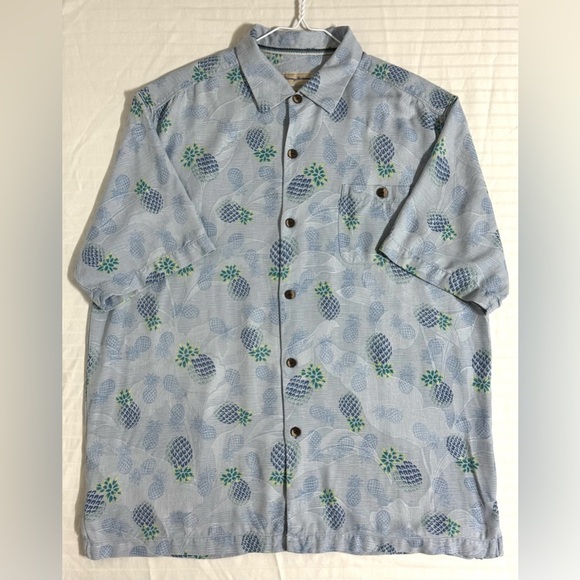 Tommy Bahama Silk Hawaiian Pineapple Shirt Short Sleeve Button Up Blue Large - Picture 9 of 10